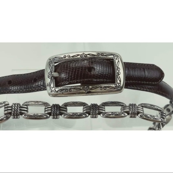 Brighton Womens Sz M Silver Chain Link Brown Leather Skinny Belt - Picture 1 of 4